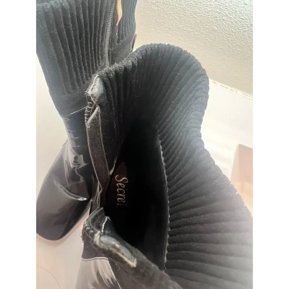 Secret Black Patent Sock Booties Women Size 9 Stretch Ankle Heels Capsule Chic